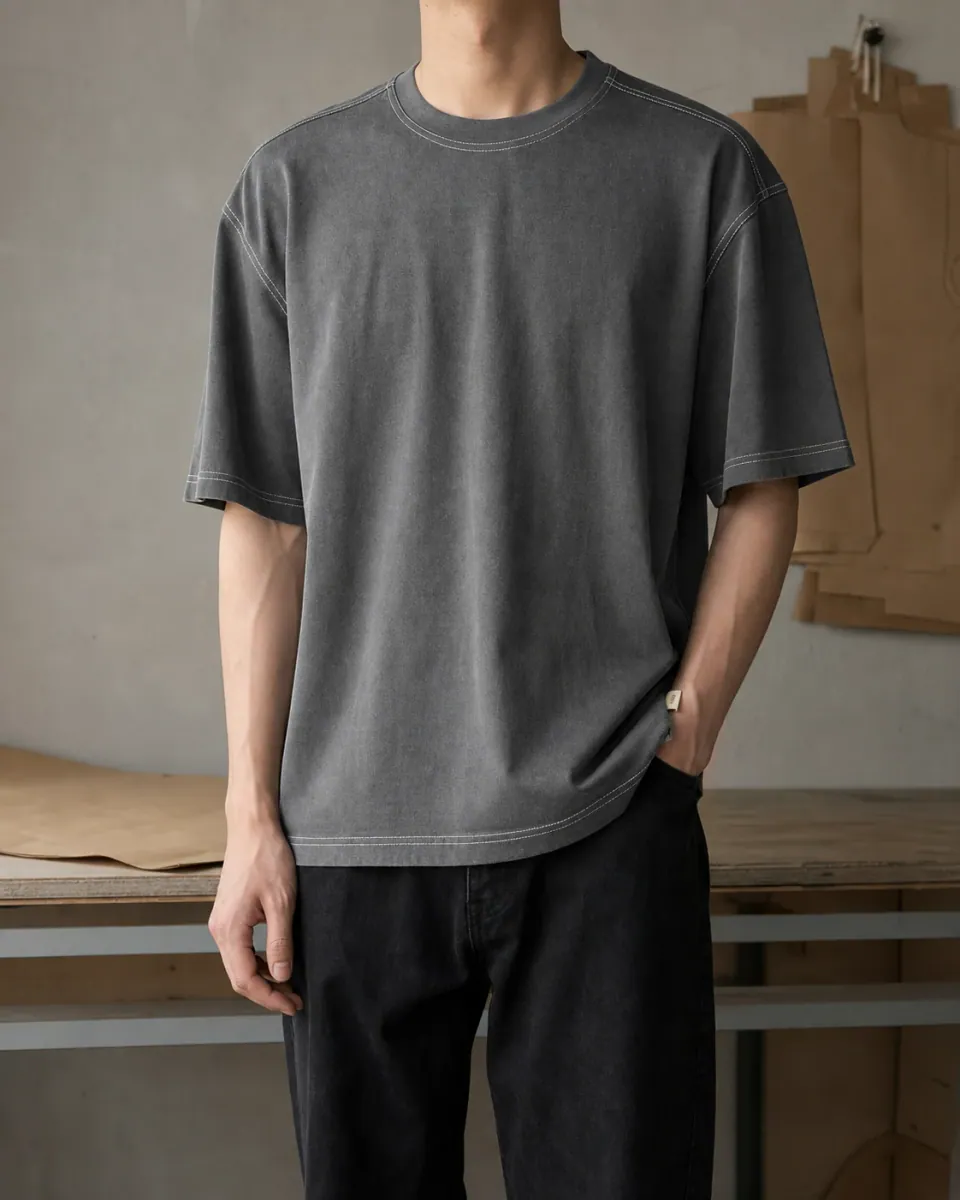 Digital fit visualization of a faceless model wearing the charcoal-grey contrast-stitch T-shirt.