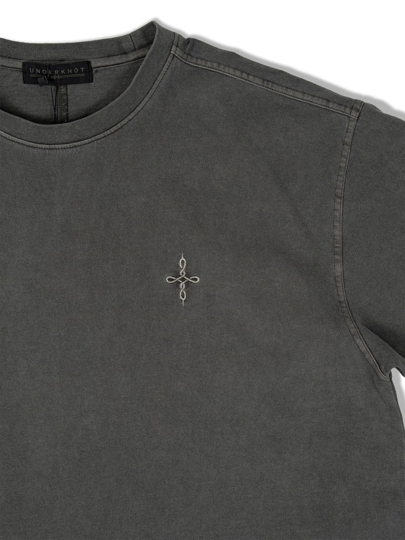 HEAVYWEIGHT TEE in FADED GRAPHITE, first production run — Chest embroidery (studio, September 2026)