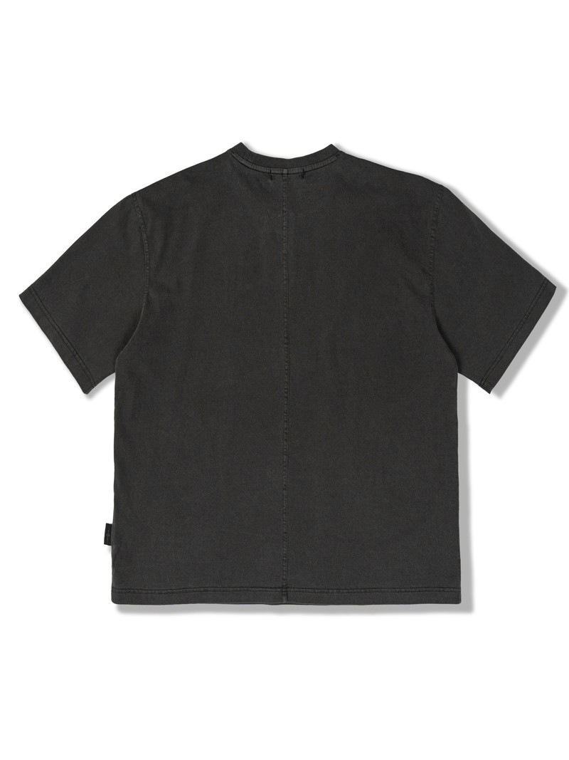 HEAVYWEIGHT TEE in WASHED CHARCOAL, first production run — Back (studio, September 2026)