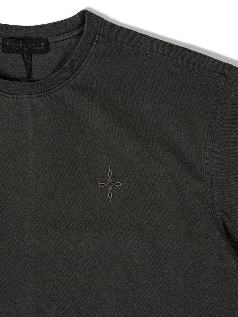 HEAVYWEIGHT TEE in WASHED CHARCOAL, first production run — Chest embroidery (studio, September 2026)