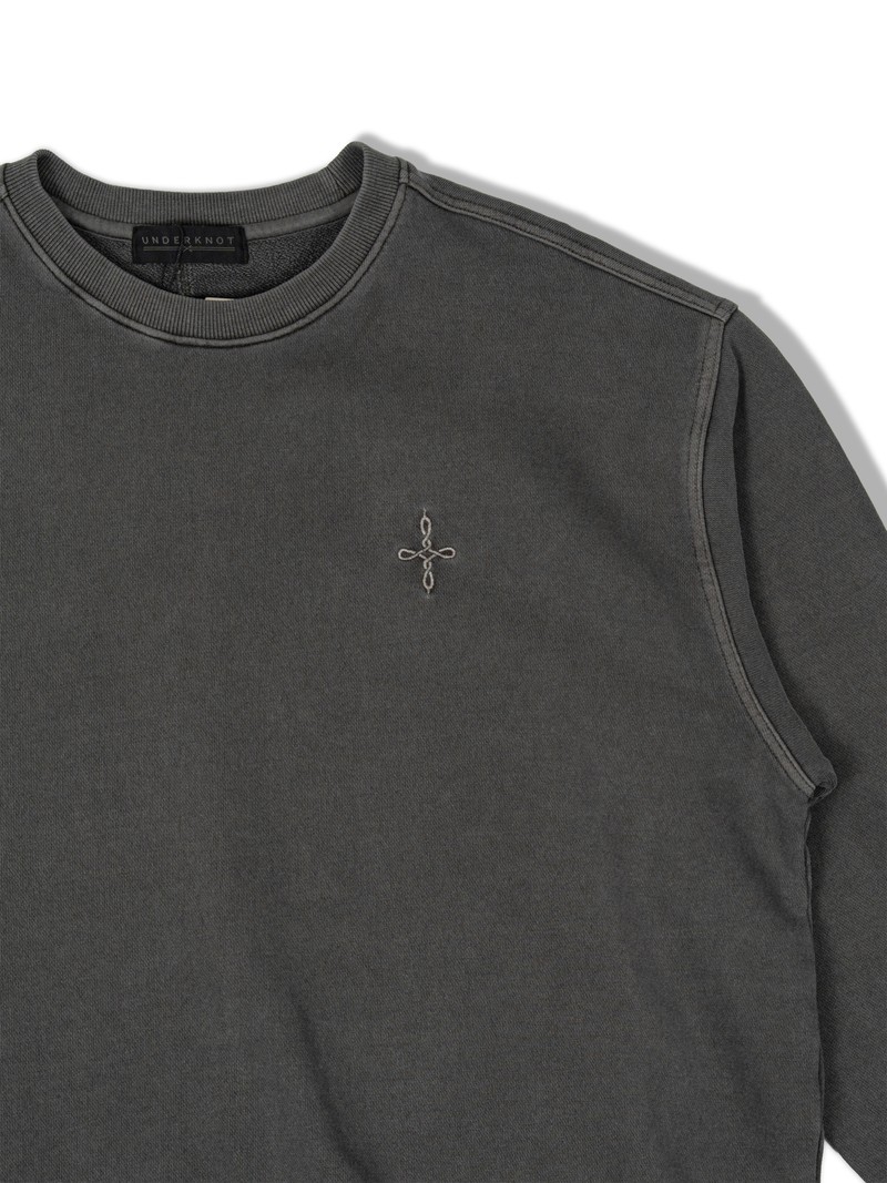 PIGMENT FADE SWEATSHIRT in FADED GRAPHITE, first production run — Chest embroidery (studio, September 2026)
