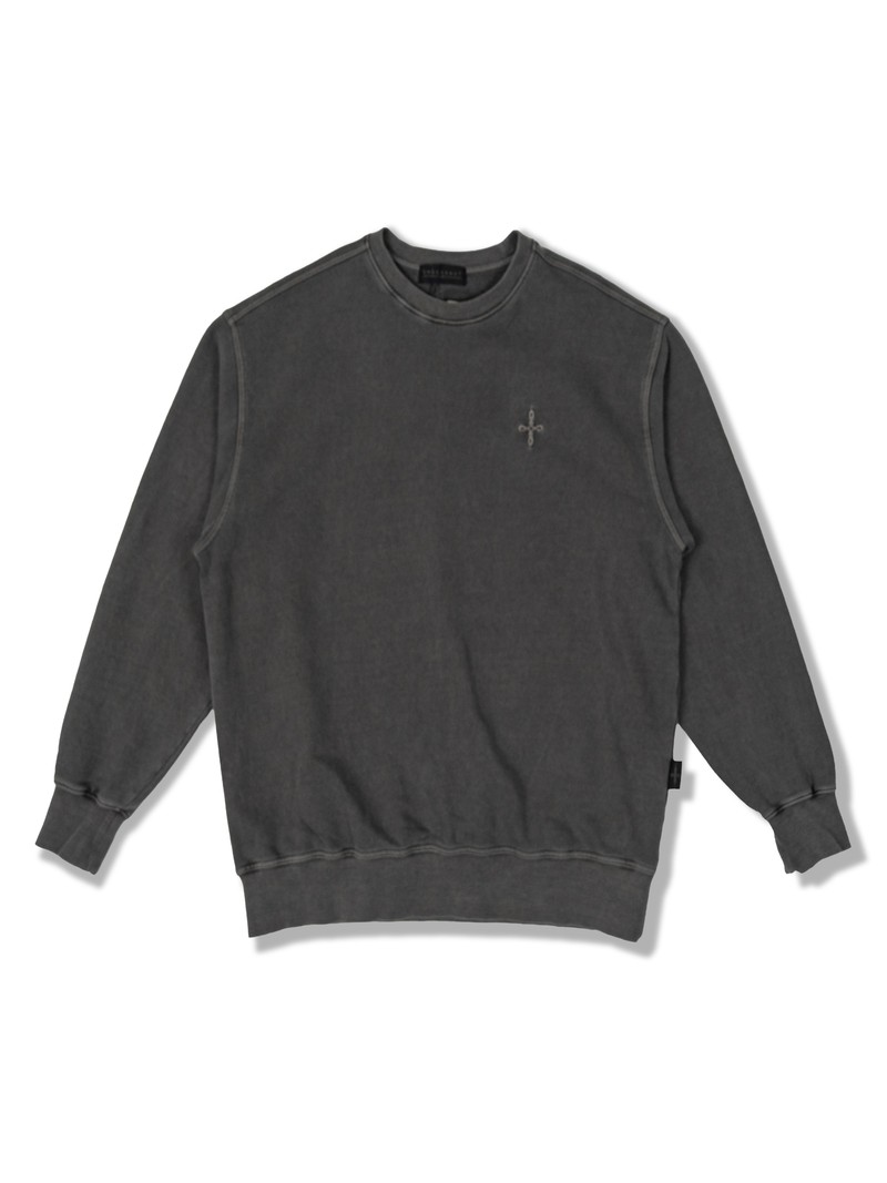 PIGMENT FADE SWEATSHIRT in FADED GRAPHITE, first production run — Front (studio, September 2026)