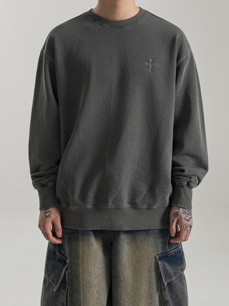 PIGMENT FADE SWEATSHIRT in FADED GRAPHITE, first production run — Worn · male torso (studio, September 2026)