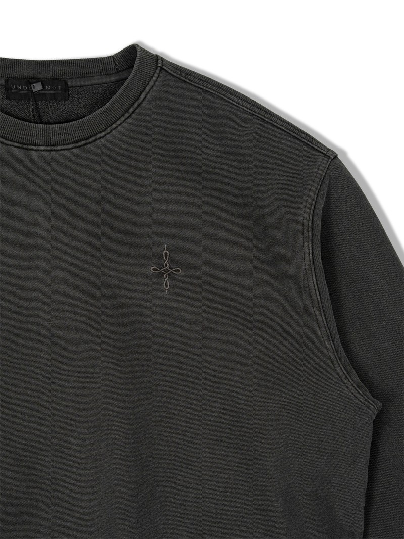 PIGMENT FADE SWEATSHIRT in WASHED CHARCOAL, first production run — Chest embroidery (studio, September 2026)