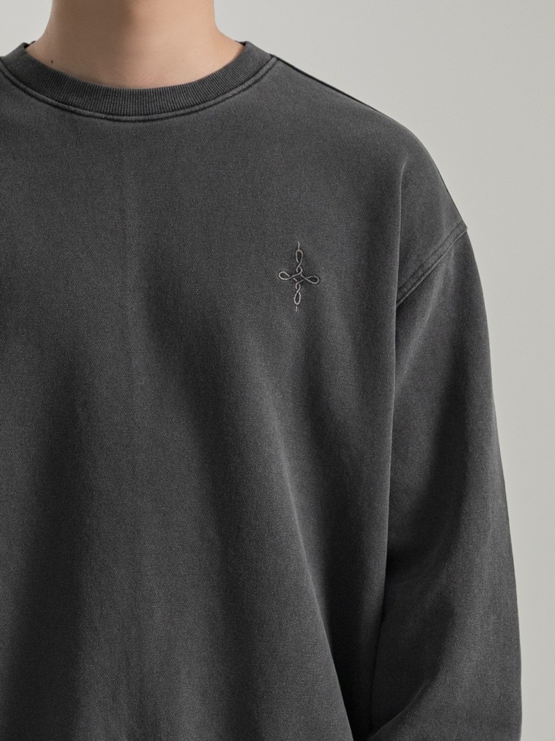 PIGMENT FADE SWEATSHIRT in WASHED CHARCOAL, first production run — Worn · chest embroidery (studio, September 2026)