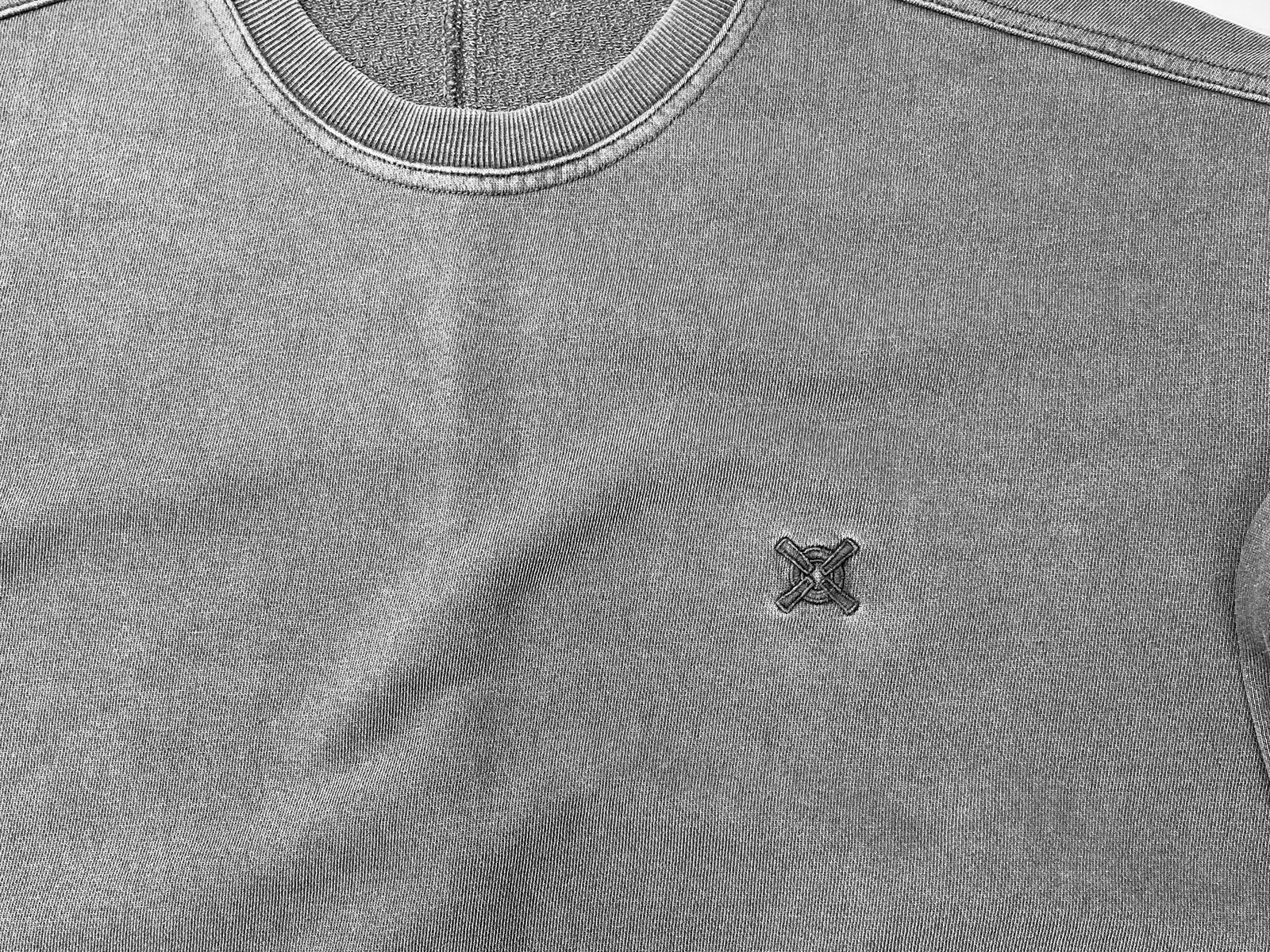Close review of the emblem area on the current charcoal sweatshirt sample
